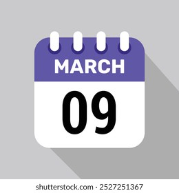 Icono de calendario de 9 de marzo Vector con fondo de fecha. Símbolo de programación de Vector.
