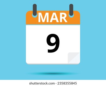 9 March. Flat icon calendar isolated on blue background. Vector illustration.