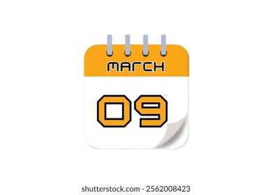 9 March month single day vector, illustration, calendar with yellow, black and white color background calendar March 9