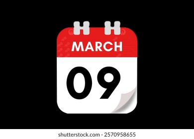 9 March month single day vector, illustration, calendar with red, gray, white and black color background calendar March 9