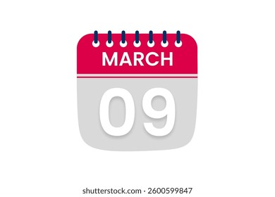 9 March month single day vector, illustration, calendar with red, off white and white color background calendar March 9