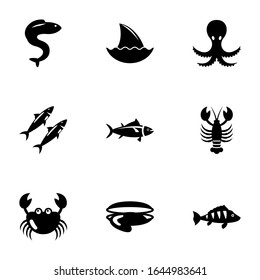 9 marine filled icons set isolated on white background. Icons set with eel, shark fin, octopus, sardine, tuna, lobster, crab, oyster, perch icons.