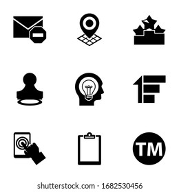 9 iconos rellenos de marcas establecidos aislados en fondo blanco. Iconos con Spam, Geo Targeting, Ranking, Stamp, Creative people, Priority, testing, Clipboard, iconos de marcas comerciales.