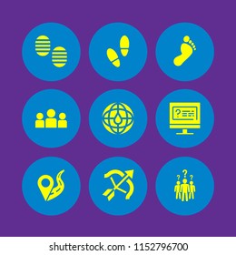 9 mark icons in vector set. human group with questions and doubts, question, maps and location and archery illustration for web and graphic design