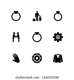 9 marriage icons in vector set. setup, men couple, hand of black human and diamond token illustration for web and graphic design