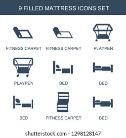 9 mattress icons. Trendy mattress icons white background. Included filled icons such as fitness carpet, playpen, bed. mattress icon for web and mobile.