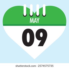 9 May calendar icon green heart shape on light sky blue color background, calendar vector symbol for the month of May.