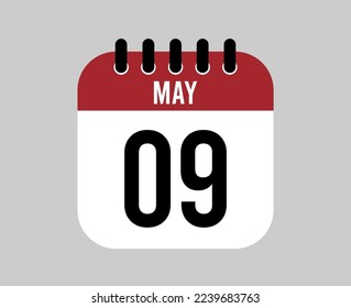 icono del calendario del 9 de mayo. Vector de página de calendario rojo para los días y semanas de mayo