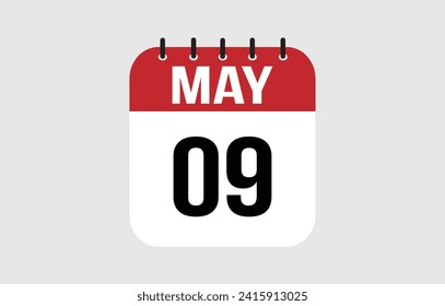 9 May calendar icon. Red calendar page vector for May days and weeks