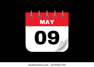 9 May calendar icon text page monthly web design on red, white and black background vector, icon, or illustration with the month of May 9