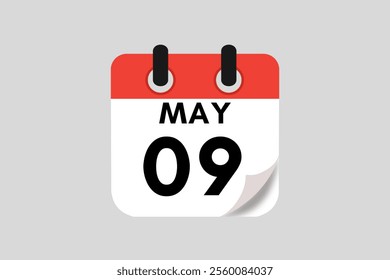 9 May calendar icon text page monthly web design on red, white, black and ash background vector, icon, or illustration with the month of May 9