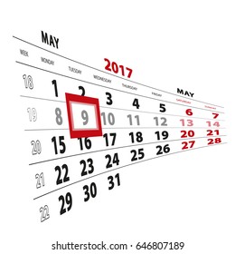 9 May highlighted on calendar 2017. Week starts from Monday. Vector Illustration.