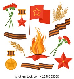 9 May military things vector set. Russian holiday of Victory Day, 23 February gift card. George ribbon, Eternal flame, flower medal, reward, star, soviet flag. 9 May Holiday symbol, Victory day gift