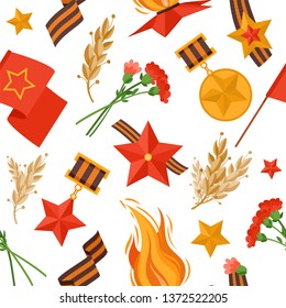 9 May military things vector pattern for Russian holiday of Victory Day, 23 February gift. George ribbon, Eternal flame, flower, medal, reward, star, soviet flag. 9 May Holiday background, Victory day