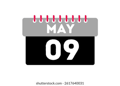 9 may month single day vector, illustration, calendar with ash, black, red and white color background calendar icon of may 9