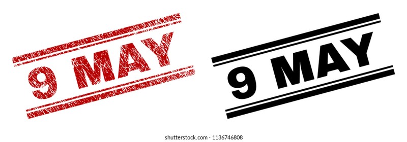 9 MAY stamp seal print with red grunge and clean black version. Red vector rubber print of 9 MAY title with corroded texture. Labels are placed between double parallel lines.