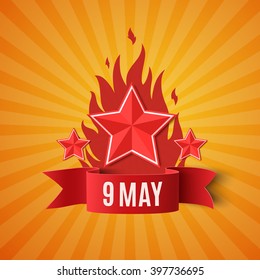 9 May. Victory day background with red ribbon, fire and three stars. Template for greeting card, poster or brochure. Vector illustration.