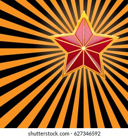 9 may Victory Day background, banner, poster, card. Red glassy star with metal glow, russian victory symbol, on striped Saint George ribbon back. '72 since the Great Victory
