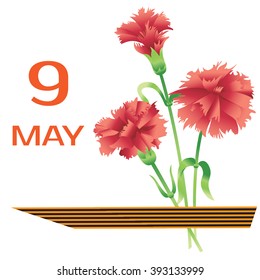 9 may - Victory Day (in Russian). Carnations, St. George ribbon and inscription. Good for greeting cards, posters, banners and etc. for your design. Vector illustration.