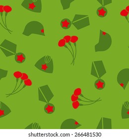 9 May. Victory day. Seamless pattern. Background of cloves, Cap, helmet, Medal