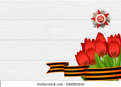 9 may wooden board red tulip St George ribbon. Victory Day order Gear War. Winner Great war 1941-1945. Vector wooden board illustration background. Greeting banner veteran memory poster.