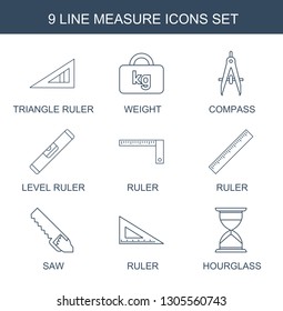 9 measure icons. Trendy measure icons white background. Included line icons such as triangle ruler, weight, compass, level ruler, ruler, saw. measure icon for web and mobile.