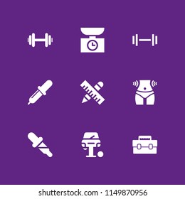 9 measure icons in vector set. weight, waist, ruler and tool box illustration for web and graphic design