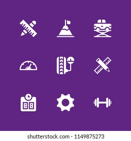 9 measure icons in vector set. construction and tools, ruler, mission and weight illustration for web and graphic design