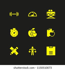 9 measure icons in vector set. weight, stopwatch, diet and ruler illustration for web and graphic design
