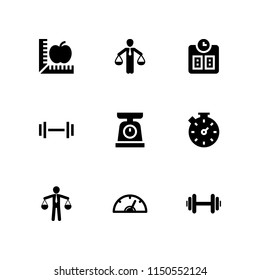 9 measure icons in vector set. meter, weight, stopwatch and diet illustration for web and graphic design