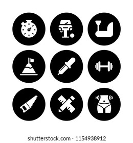 9 measure icons in vector set. work tools, stopwatch, mission and dropper illustration for web and graphic design