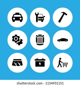 9 mechanic icons in vector set. wiper, car, bolt and pulley illustration for web and graphic design