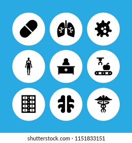 9 medicine icons in vector set. caduceus, human body, brain and robot illustration for web and graphic design