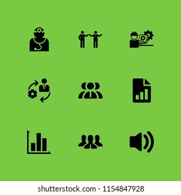 9 meeting icons in vector set. employees, speaker, medical doctor specialist and report illustration for web and graphic design