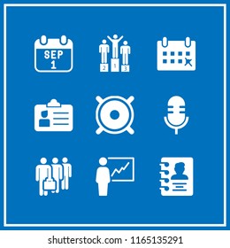 9 meeting vector icon set with podium, work, presentation and employment id icons for mobile and web