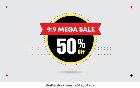 9 to 9 Mega Sale 50% Off Editable Web Banner Icon Template Design Yellow Black Red Shapes White Gray Abstract Background Eye Catching Unique Modern Stylish Clean