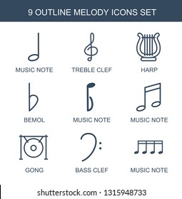 9 melody icons. Trendy melody icons white background. Included outline icons such as music note, treble clef, harp, bemol, gong, bass clef. melody icon for web and mobile.