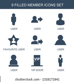 9 member icons. Trendy member icons white background. Included filled icons such as user, favourite user, vip door. member icon for web and mobile.