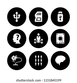 9 memory icons in vector set. human brain, neuron, usb and decision making illustration for web and graphic design