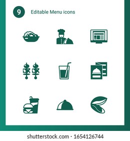 9 menu filled icons set isolated on . Icons set with Salad, chefs dish, layout, starters, drinks, restaurant menu, Beverage, main dish, mussel icons.