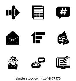 9 message filled icons set isolated on white background. Icons set with Call To Action, Sheet, Hashtag, Envelop, Priority, social media campaign, love message, Chat Bot icons.