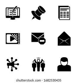 9 iconos rellenos de mensajes establecidos aislados en fondo blanco. Iconos con Copywriting, Pin, Sheet, Encoding, Spam, Envelope, Advertising Networks, líder, iconos de usuario.