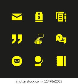 9 message icons in vector set. quote, tag, notepad and music and multimedia illustration for web and graphic design