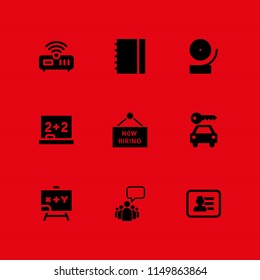 9 message icons in vector set. leader of a group with an empty speech bubble, rent, hire and router illustration for web and graphic design