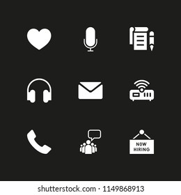 9 message icons in vector set. music and multimedia, microphone, like and router illustration for web and graphic design