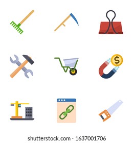 9 metal flat icons set isolated on white background. Icons set with Rake, Scythe, Binder clip, tools, wheelbarrow, Attract, Construction, Web Link, Hand saw icons.