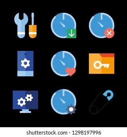 9 metallic icons with stopwatch and cogwheels in this set