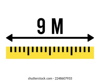 Icono de regla de 9 metros. Escala, tamaño y longitud de medida del vector aislados en fondo blanco