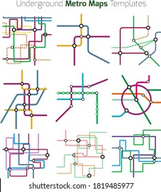 9 metro maps tube subway schemes. City transportation vector complex grid. Underground map. DLR and crossrail map design template. Live strokes included.
