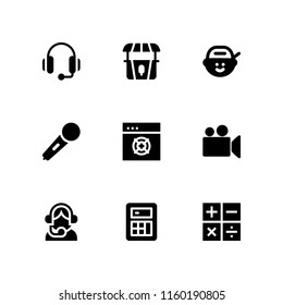 9 microphone icons in vector set. sings, stand, headset and video camera illustration for web and graphic design